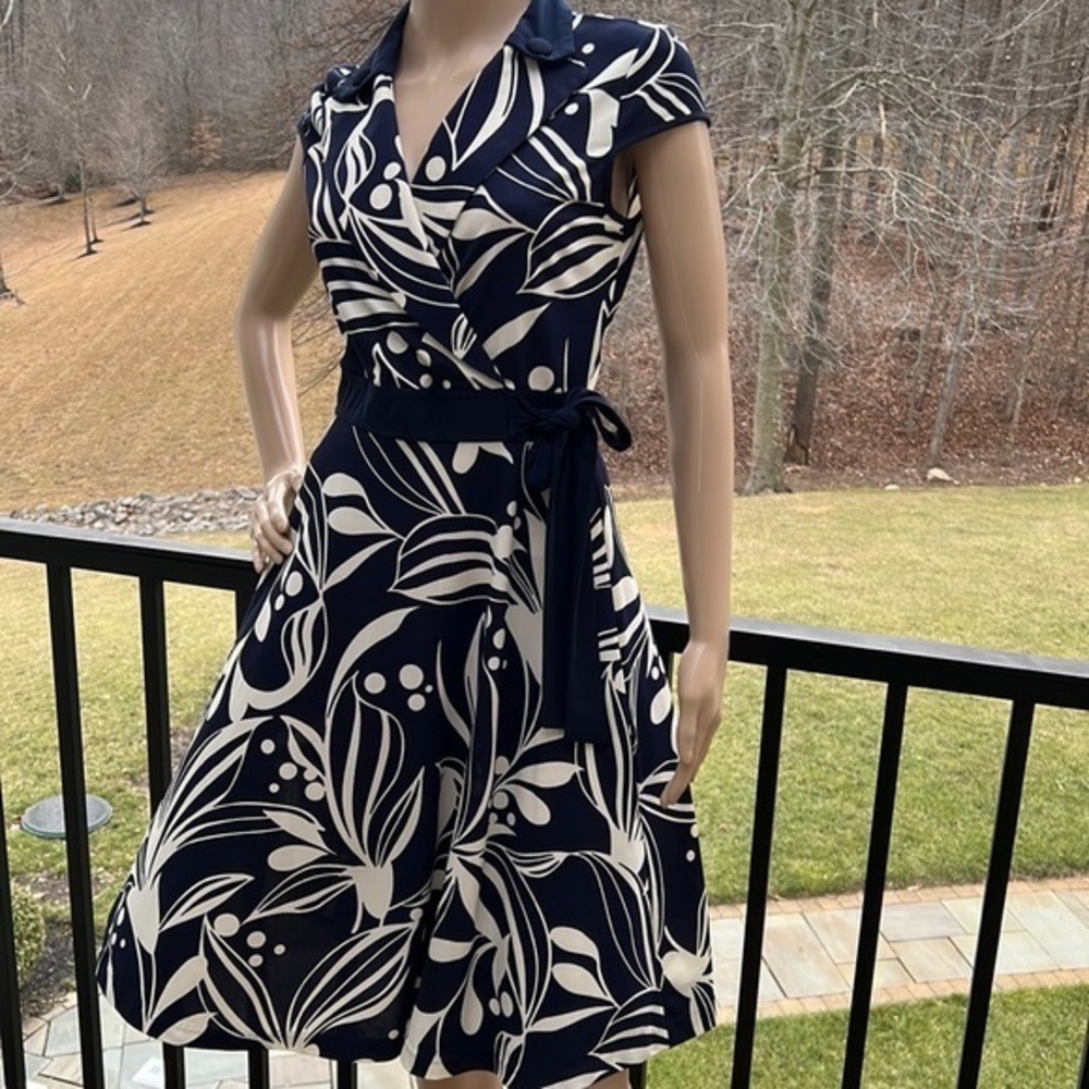 Navy and beige retro style faux, wrap, tie dress with collar